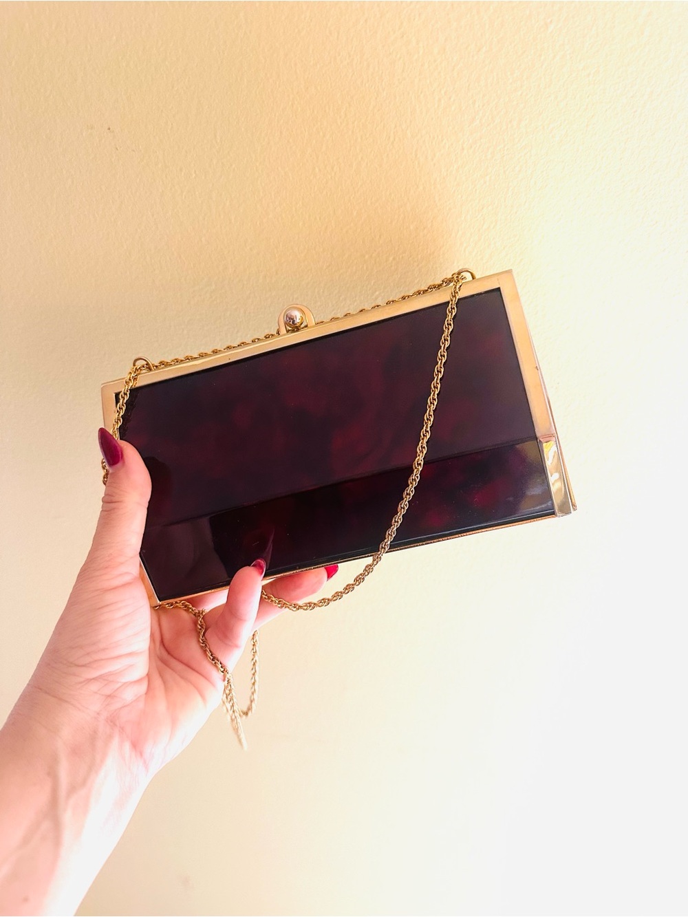 Vintage Lucite/Tortoiseshell Minaudière Evening Clutch Ca. 1960–1970s Gold Chain
